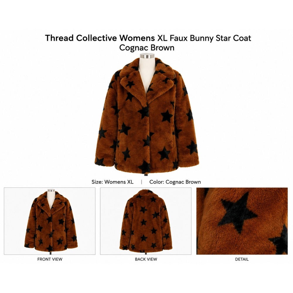 Thread Collective‎ Womens XL Faux Bunny Star Coat Cognac Brown Notch Collar